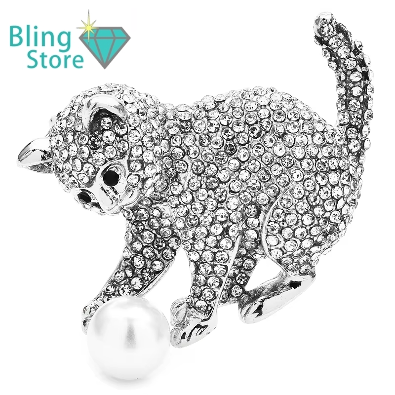 Broche Dieren | Speelse Kat met Bal – Glanzende Strass Dierenbroche