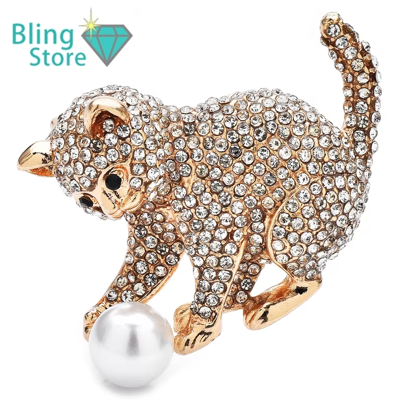 Broche Dieren | Speelse Kat met Bal – Glanzende Strass Dierenbroche