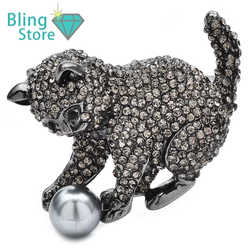 Broche Dieren | Speelse Kat met Bal – Glanzende Strass Dierenbroche
