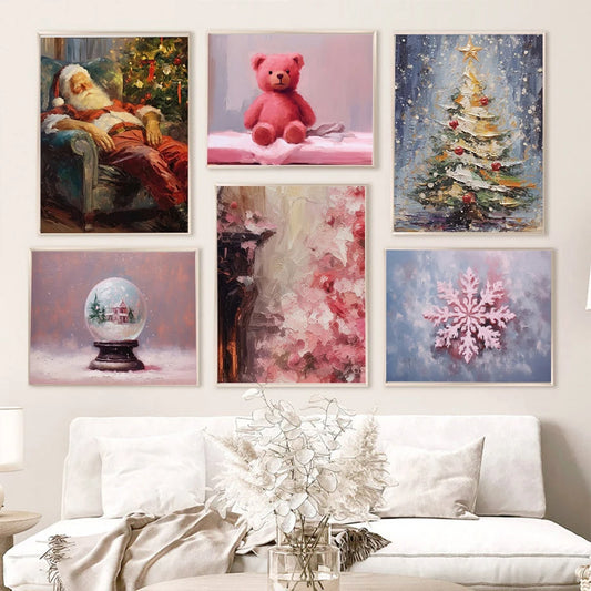Kerst schilderij sneeuwpop kerstman kerstboom canvas wanddecoratie