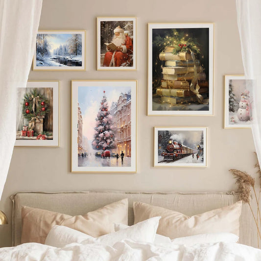 Kerst schilderij vintage trein met roze sneeuwpop en kerstboom in winterbos