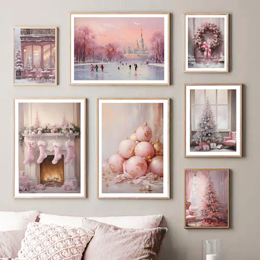 Kerst schilderij roze kerstboom met sneeuwhuis en winterse sfeer op canvas