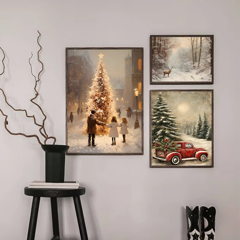 Kerst schilderij Ski Puppy Santa Vintage Auto en Kerstboom Canvas