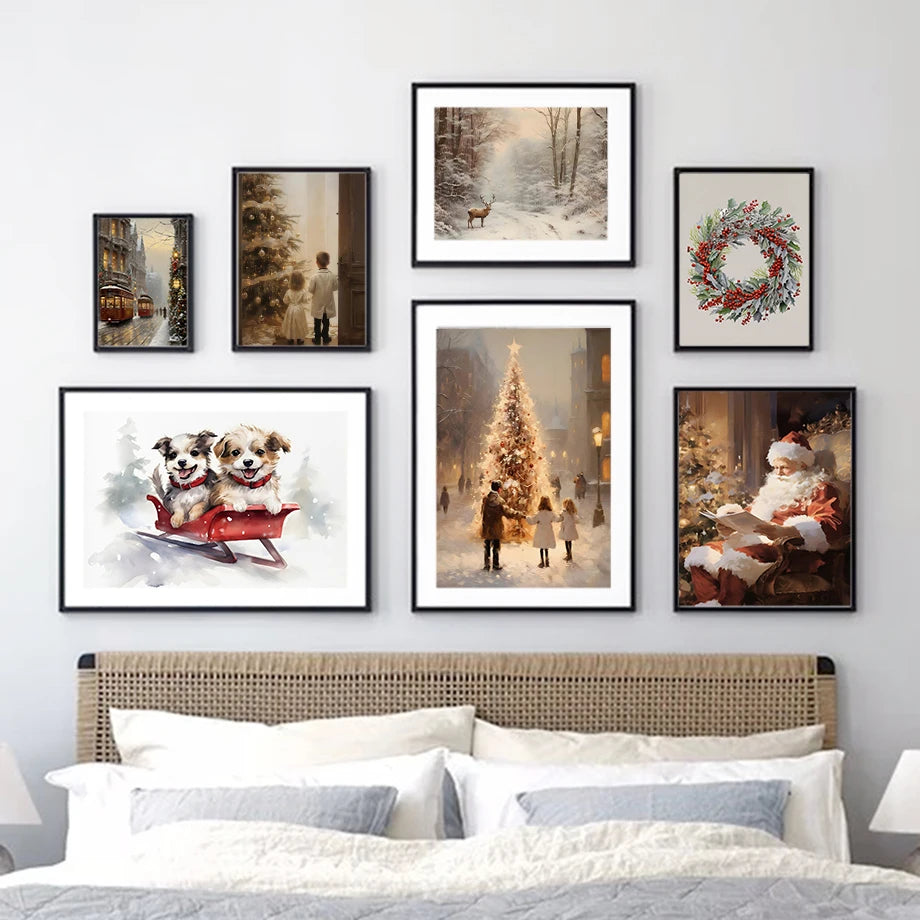 Kerst schilderij Ski Puppy Santa Vintage Auto en Kerstboom Canvas