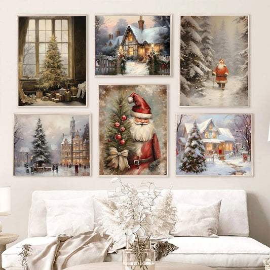 Kerst schilderij Kerstman - sneeuwpop - winterhuis aquarel canvas poster