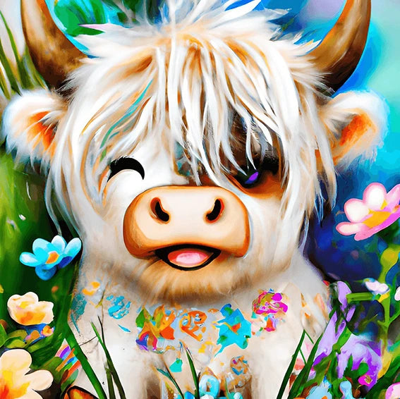 AB Diamond Painting op canvas - Schattige Hooglander met Bloemen