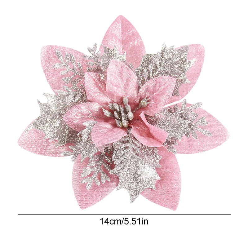 Kerst ornament voor in Kerstboom glitterbloemen goud 14,5 cm set van 5 stuks