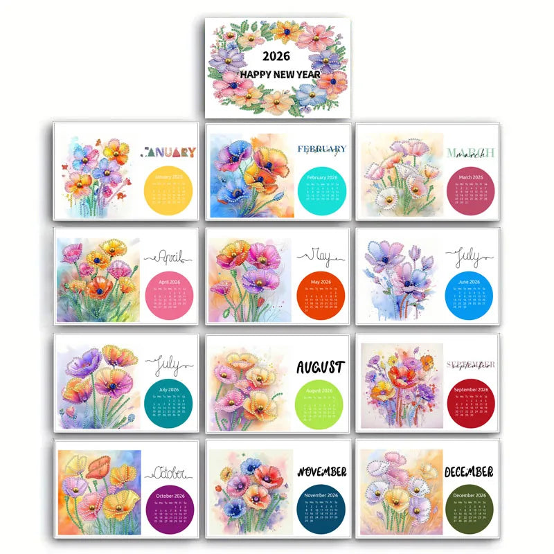 Diamond Painting Kalender met Bloementhema – Handgemaakte Bureaukalender met 13 Pagina’s
