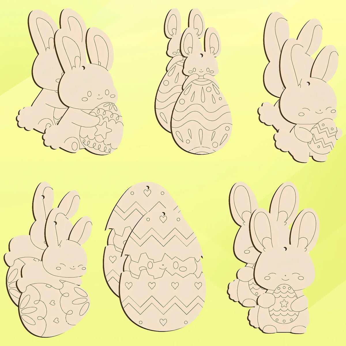 Houten Paas figuren om zelf te kleuren/schilderen – Konijn & Ei Hangers Set