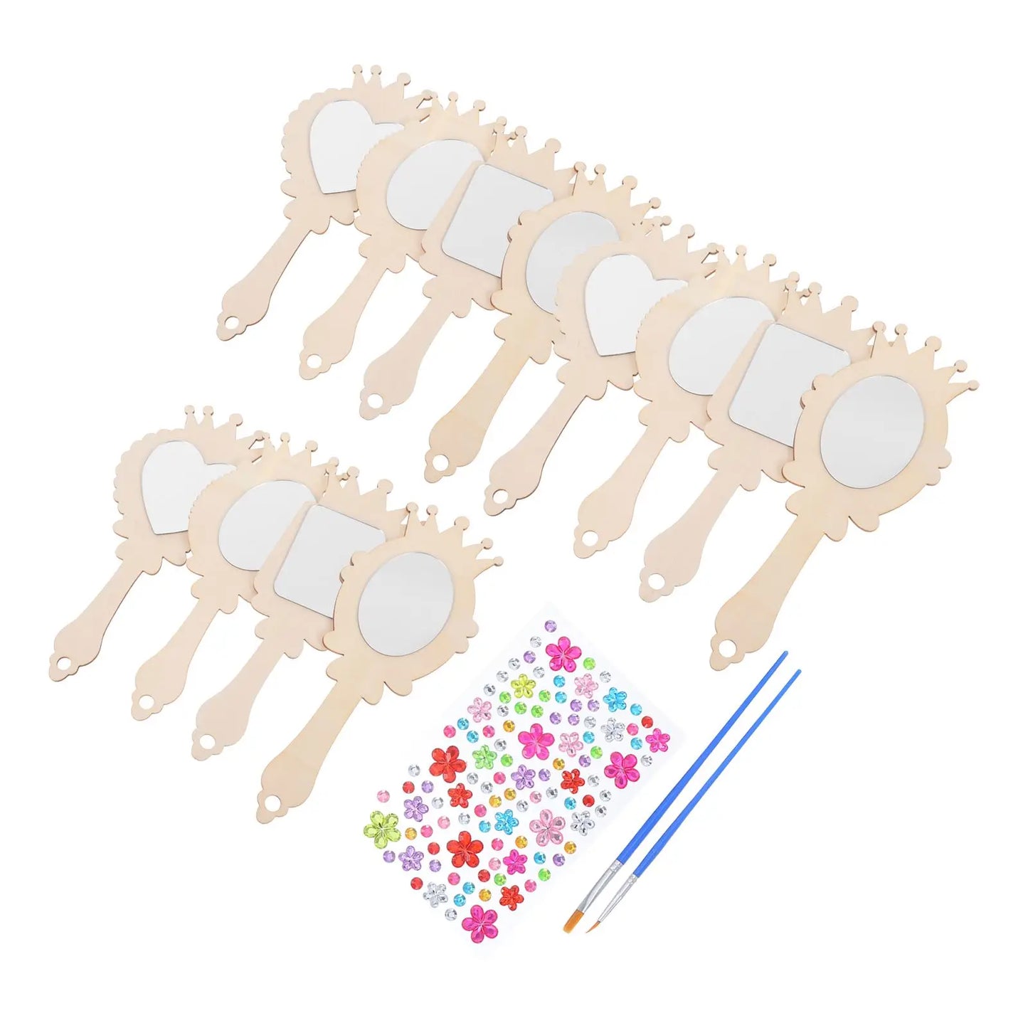 Houten figuur om zelf te schilderen/kleuren – Houten handspiegel (12 stuks) inclusief stickers