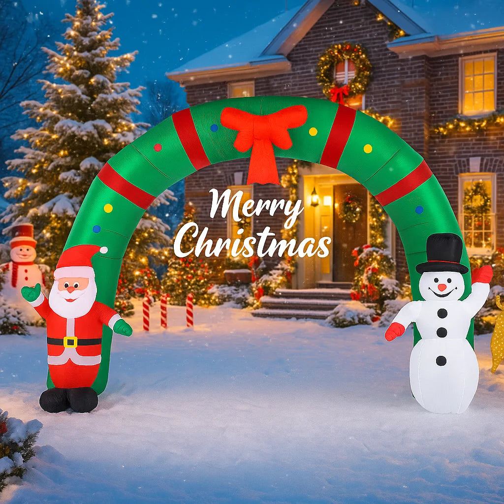 Opblaasbaar Kerst ornament boog met sneeuwpop en kerstman met LED verlichting
