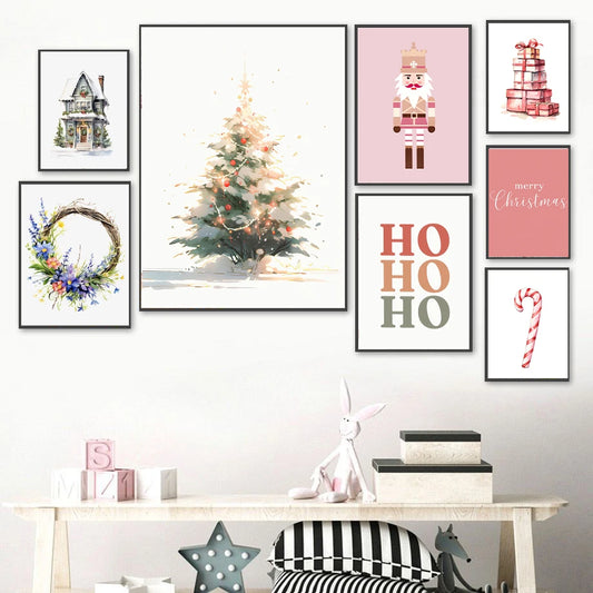 Kerst schilderij kerstboom met kerstman sneeuwhuis canvas poster