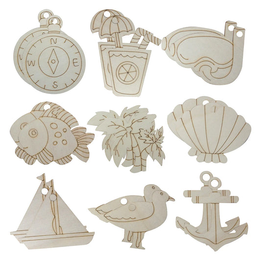 Houten figuur om zelf te schilderen/kleuren – Zeedieren en boot decoraties set