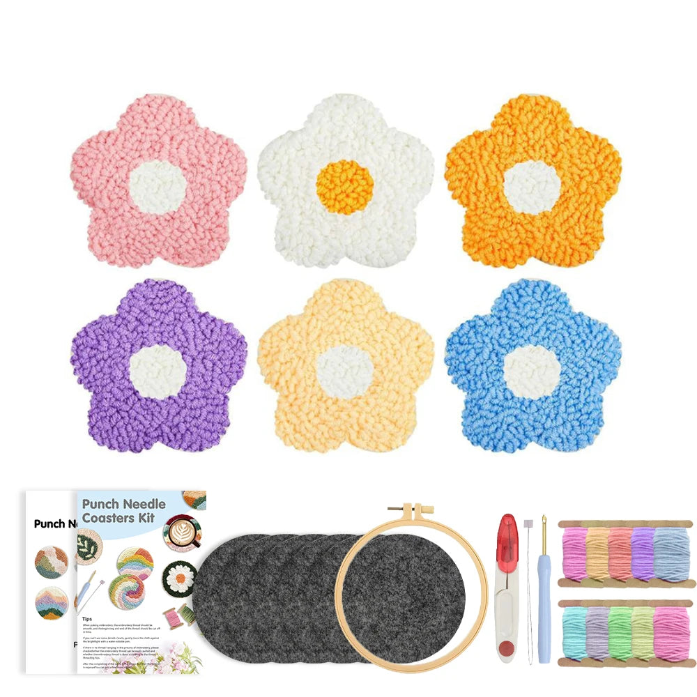 Punch Needle pakket onderzetters bloemen set van 6 voor beginners en volwassenen