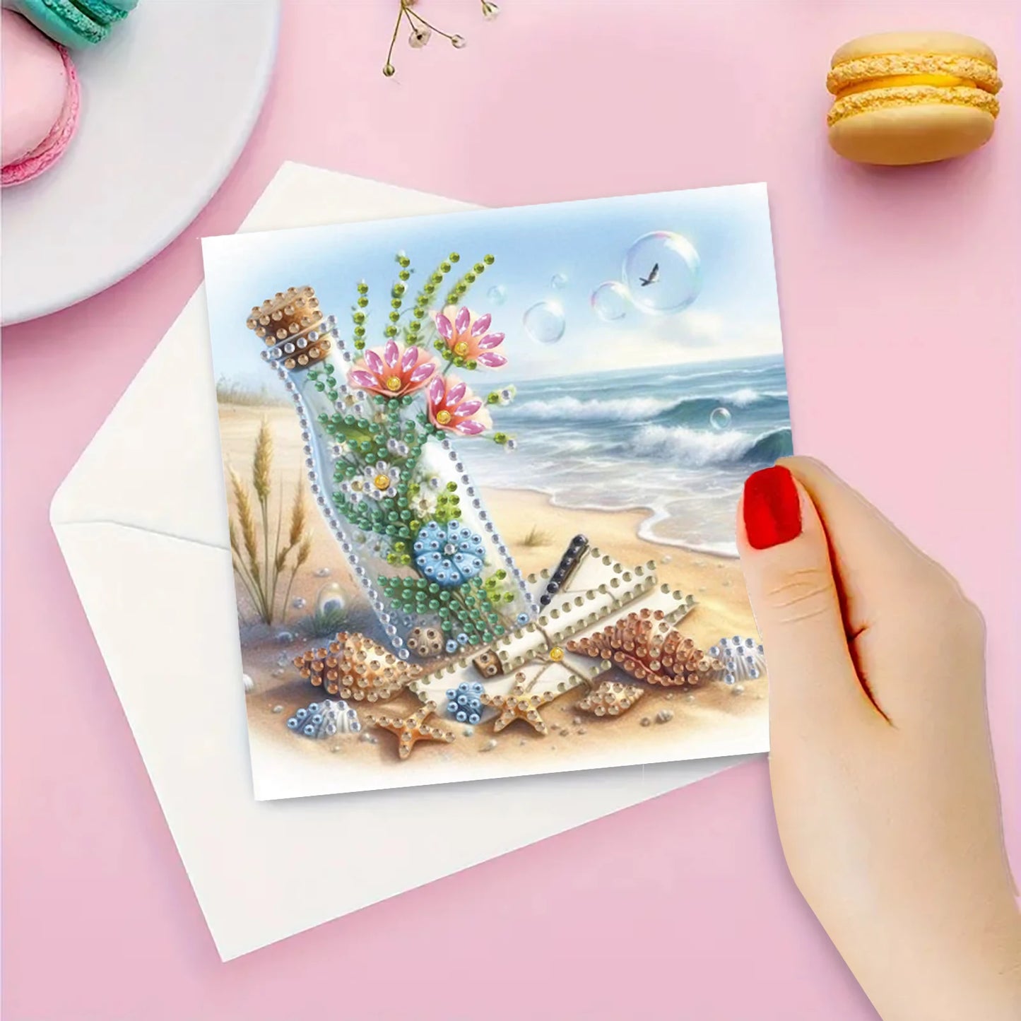 Diamond Painting Wenskaarten set Strand flessen patroon 6 stuks