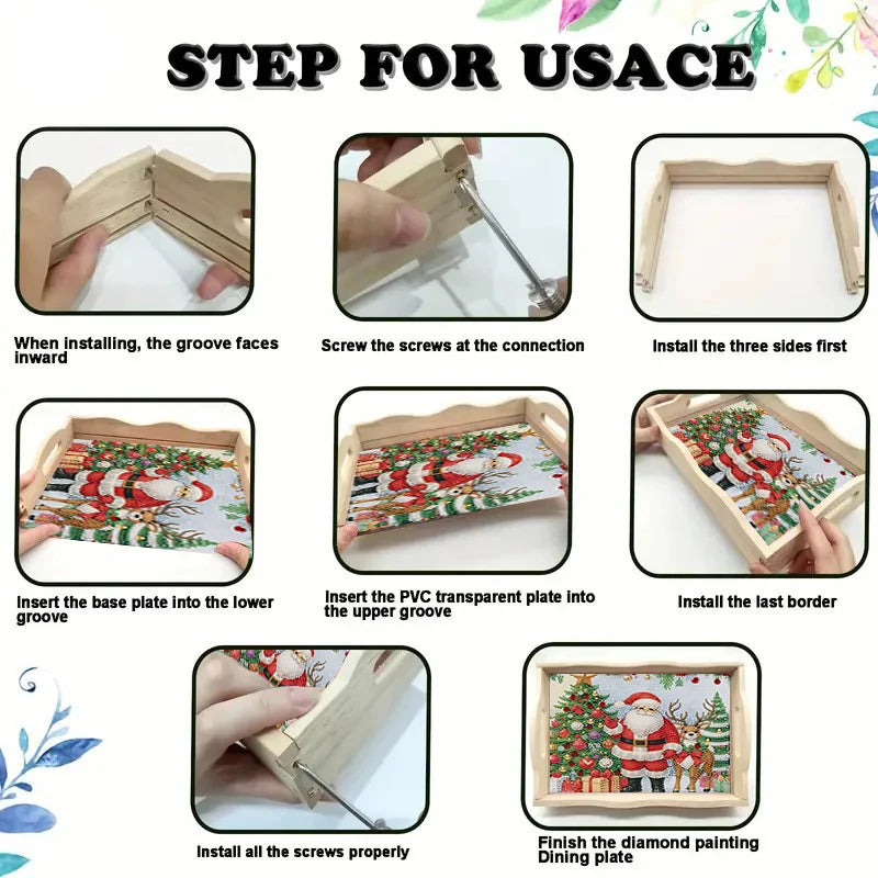 Diamond Painting Dienblad Kerstman met Rendier en Kerstbomen Houten Tray