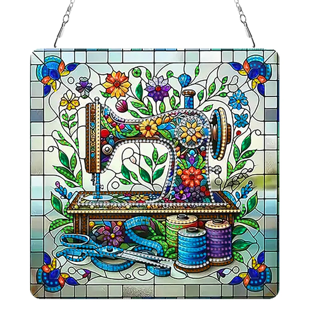 Diamond Painting Hangend ornament naaimachine met bloemen acryl steentjes