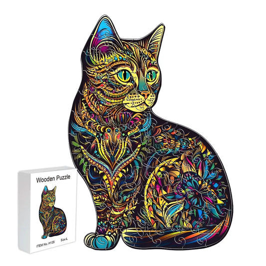Houten figuren puzzel kleurrijke kat uniek cadeau voor volwassenen