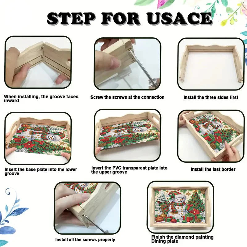 Diamond Painting Dienblad Kerst met Sneeuwpop en Kerstbomen Houten Tray