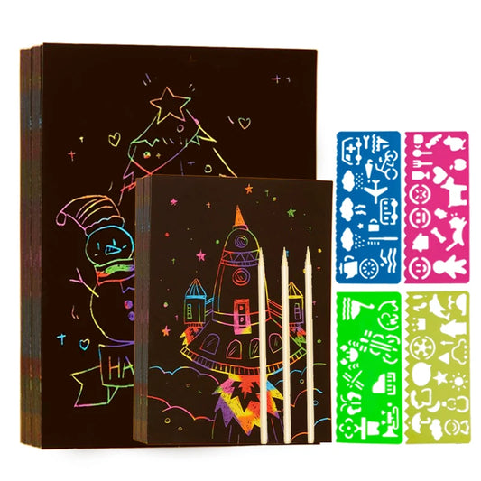 Krastekening set met 4 schildertemplates en kleurrijk kraspapier