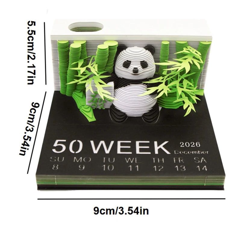 3D Papier Sculptuur Panda Bureaukalender 2026 met Notitieblok en Creatief Ontwerp