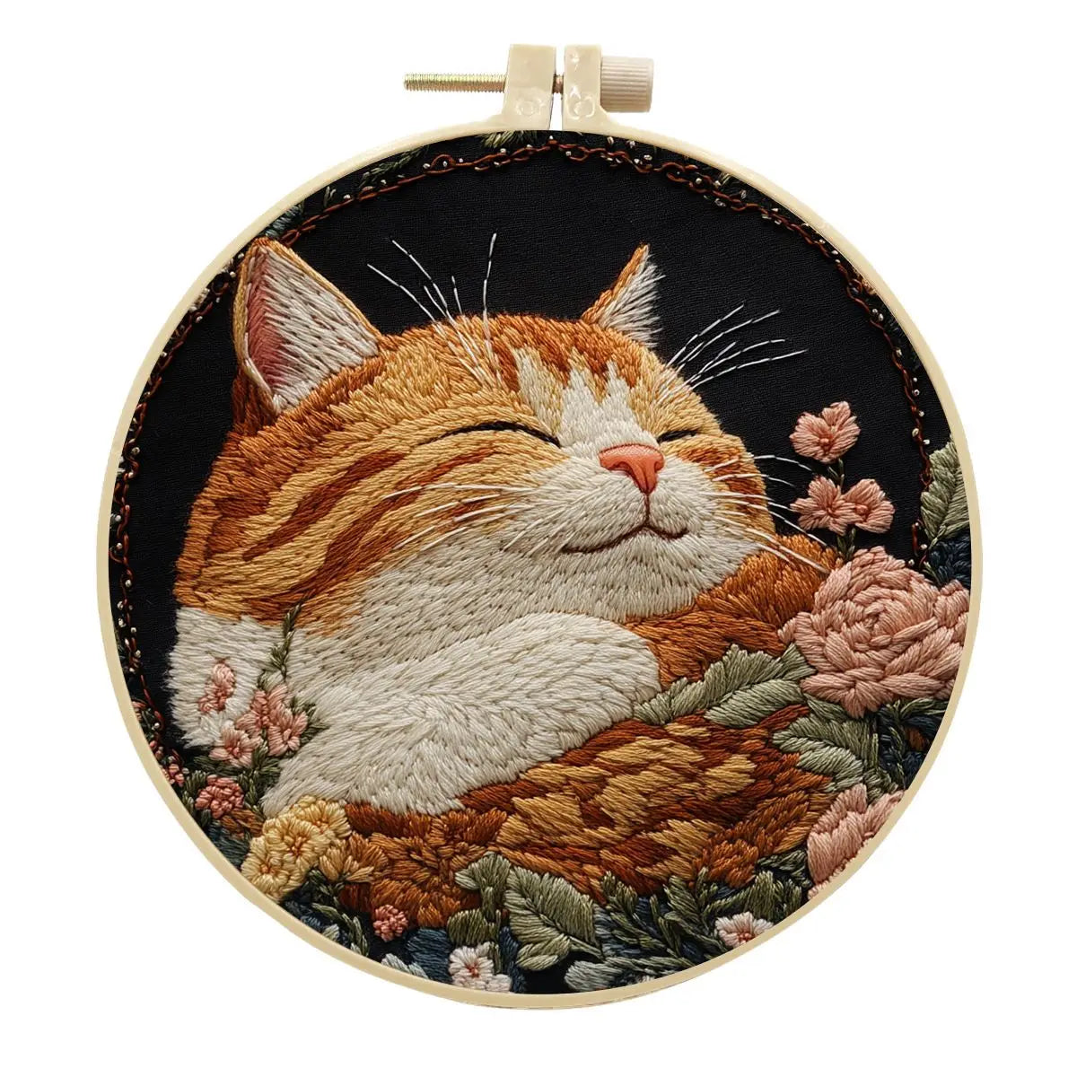 Borduurpakket rond Kat met Bloemen op Zwarte Stof 30 x 30 cm