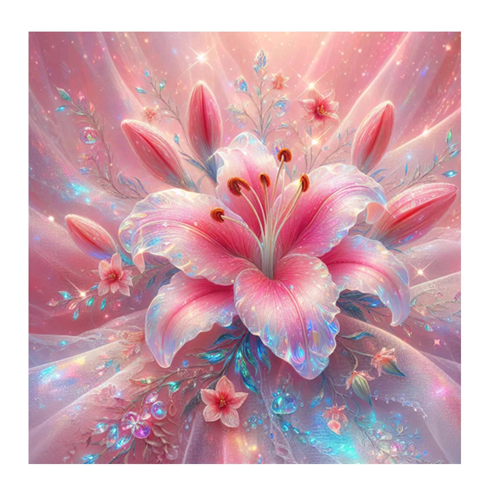 AB Diamond Painting met Fairy dust steentjes Roze Lelie Bloemen