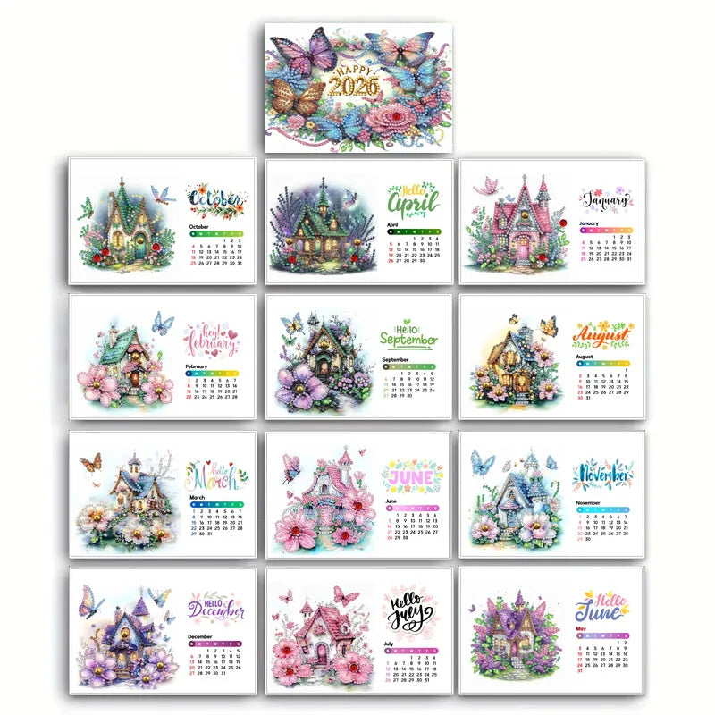 Diamond Painting Kalender 2026 met Oma, Huis en Bloemenpatroon