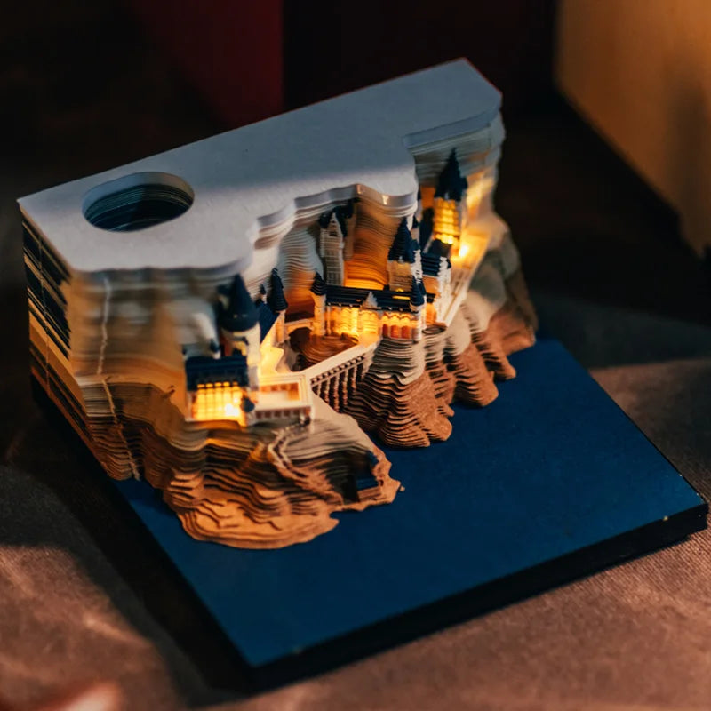 3D Papier Sculptuur Kathedraal LED Notitieblok met Pennenhouder – Creatieve Bureaudecoratie - 2025