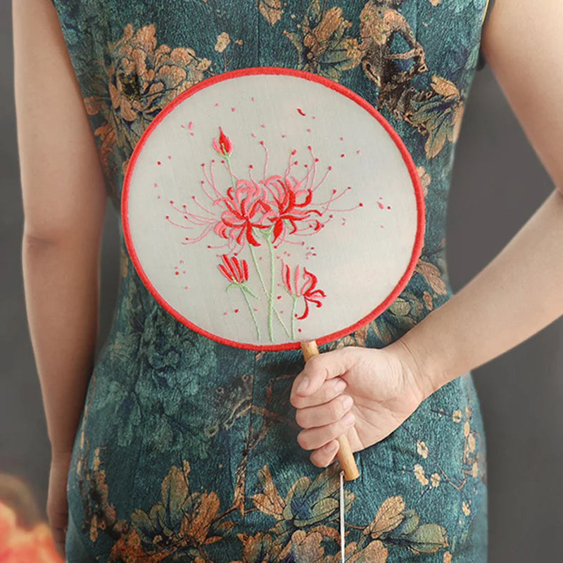Borduurpakket rond Chinese bloemen waaier met voorgedrukt patroon