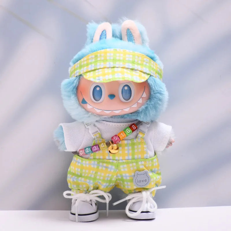 Kleding voor Labubu poppen – Regenboog overall en hoed set 15/17cm