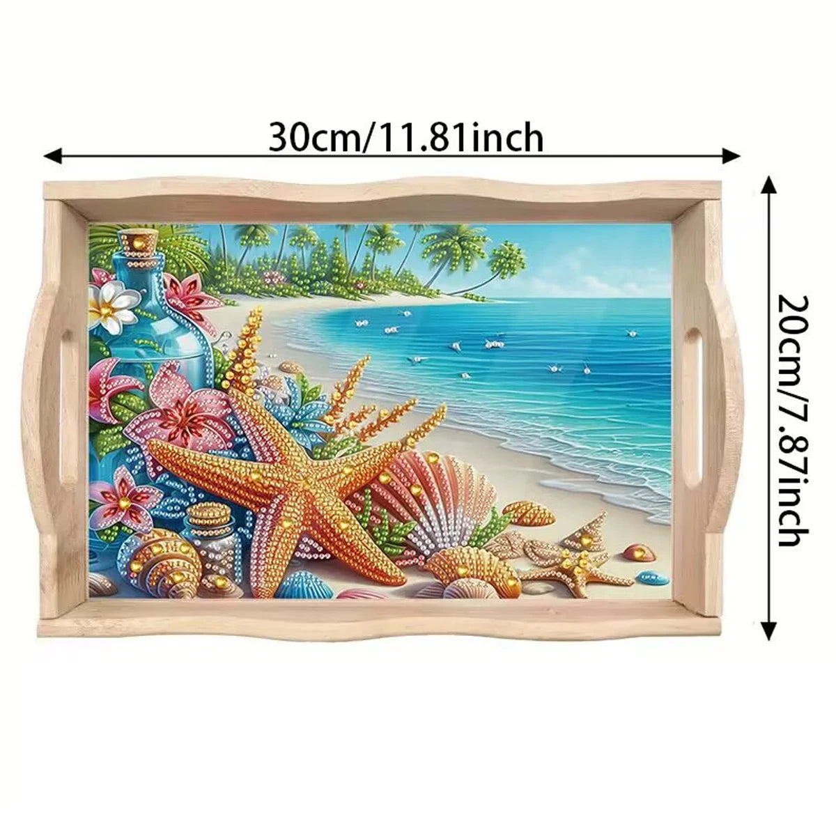 Diamond Painting Dienblad Zee, Strand en Zeesterren met Speciale Kristalsteentjes Houten Tray