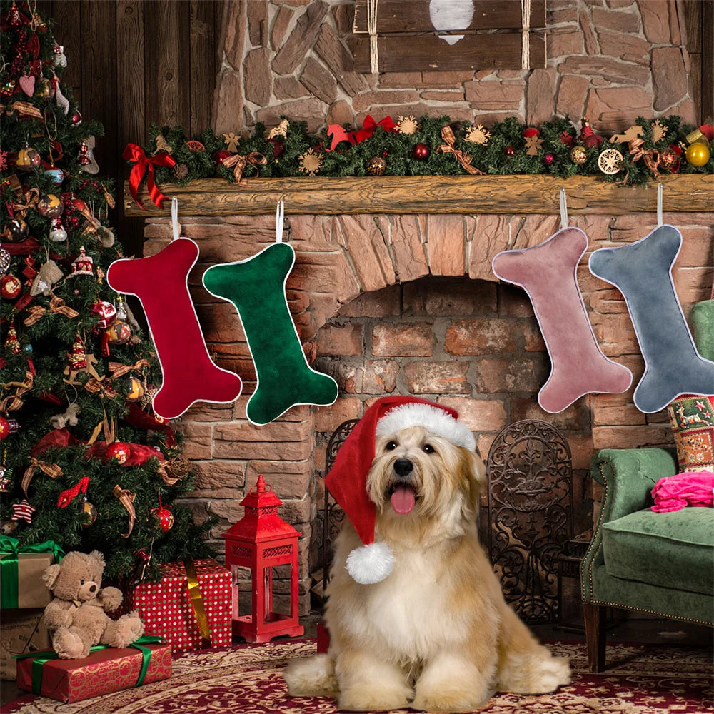 Kerst sok decoratief voor hond in fluweel botvorm luxe cadeauzak