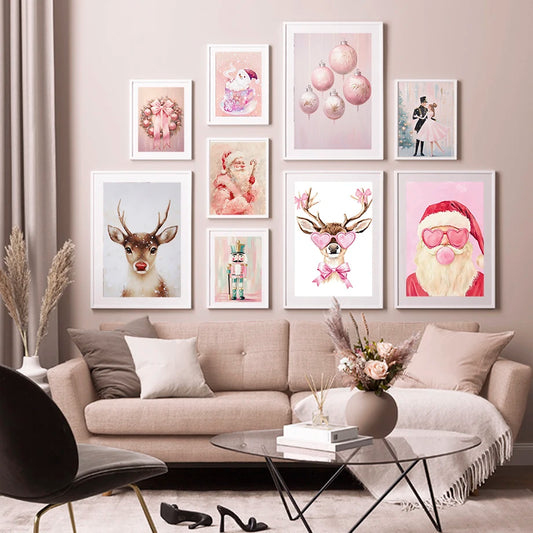 Kerst schilderij rendier en kerstman roze kerstkrans wanddecoratie