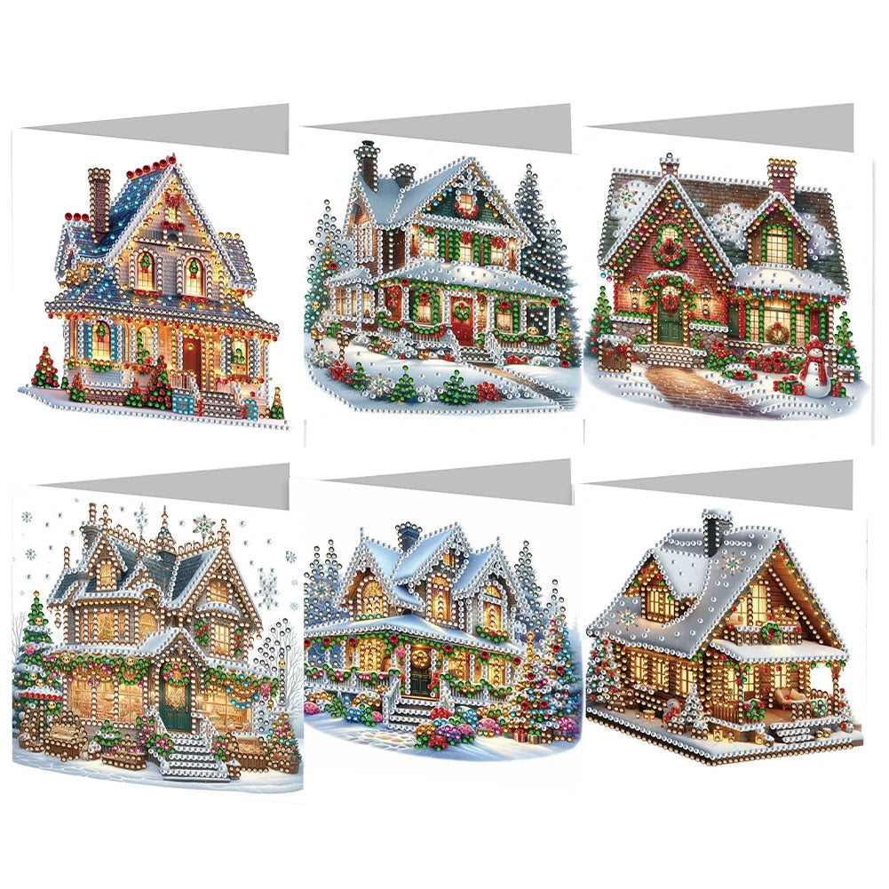 Diamond Painting Kerstkaarten set Huisjes - 6 stuks