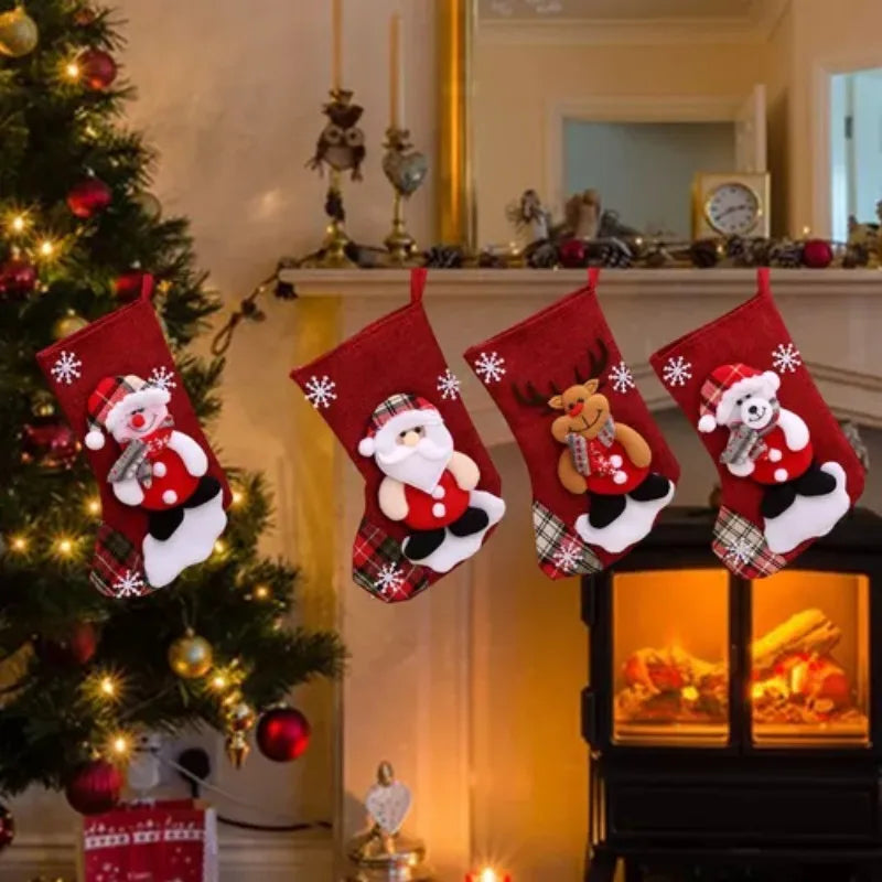 Kerst sok (decoratief) set van 4 – Santa, sneeuwman, rendier en beer pluche