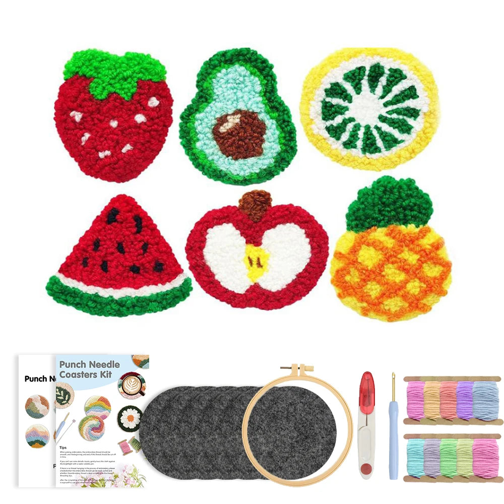 Punch Needle pakket Fruit onderzetters complete startersset 6-delig