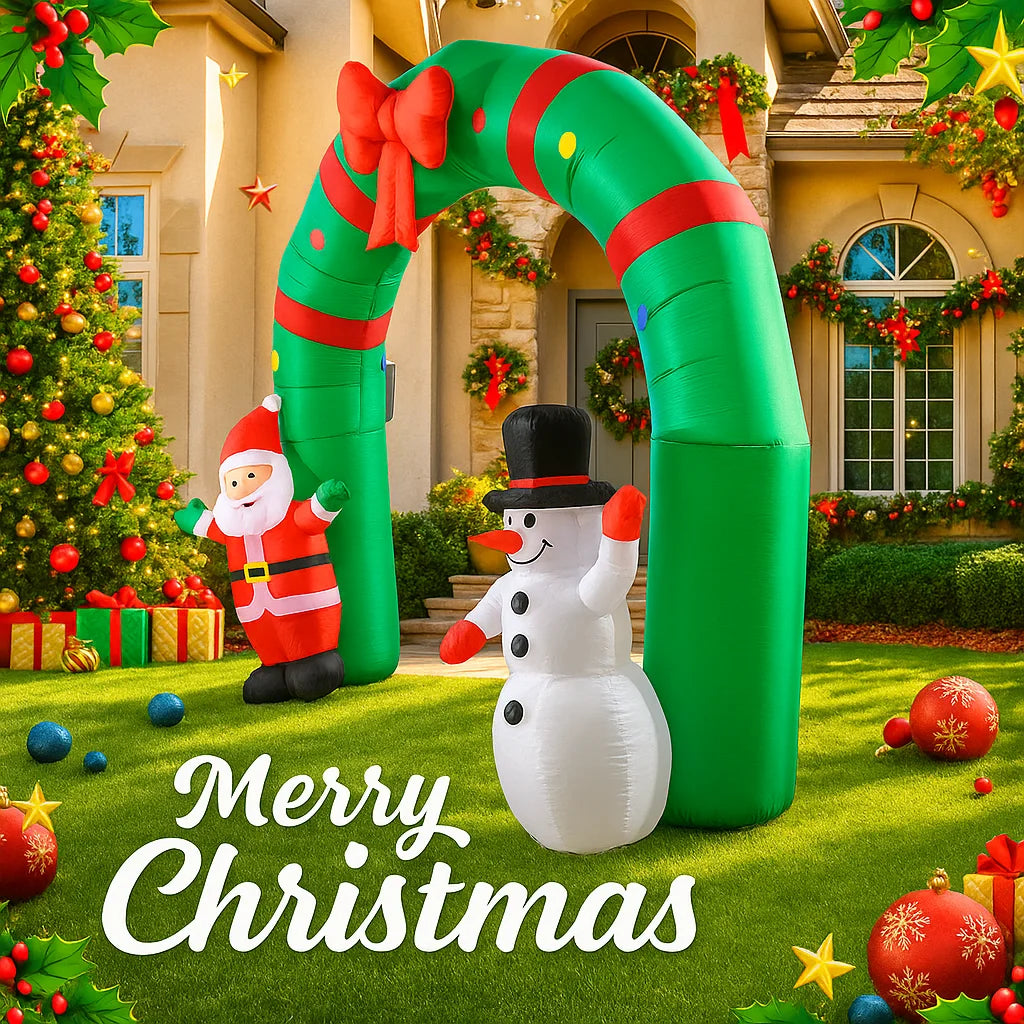 Opblaasbaar Kerst ornament boog met sneeuwpop en kerstman met LED verlichting