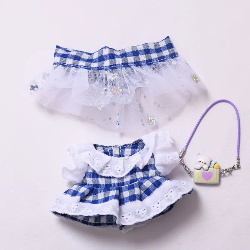 Kleding voor Labubu poppen - Blauw geruite jurk met haarstrik 15/17cm