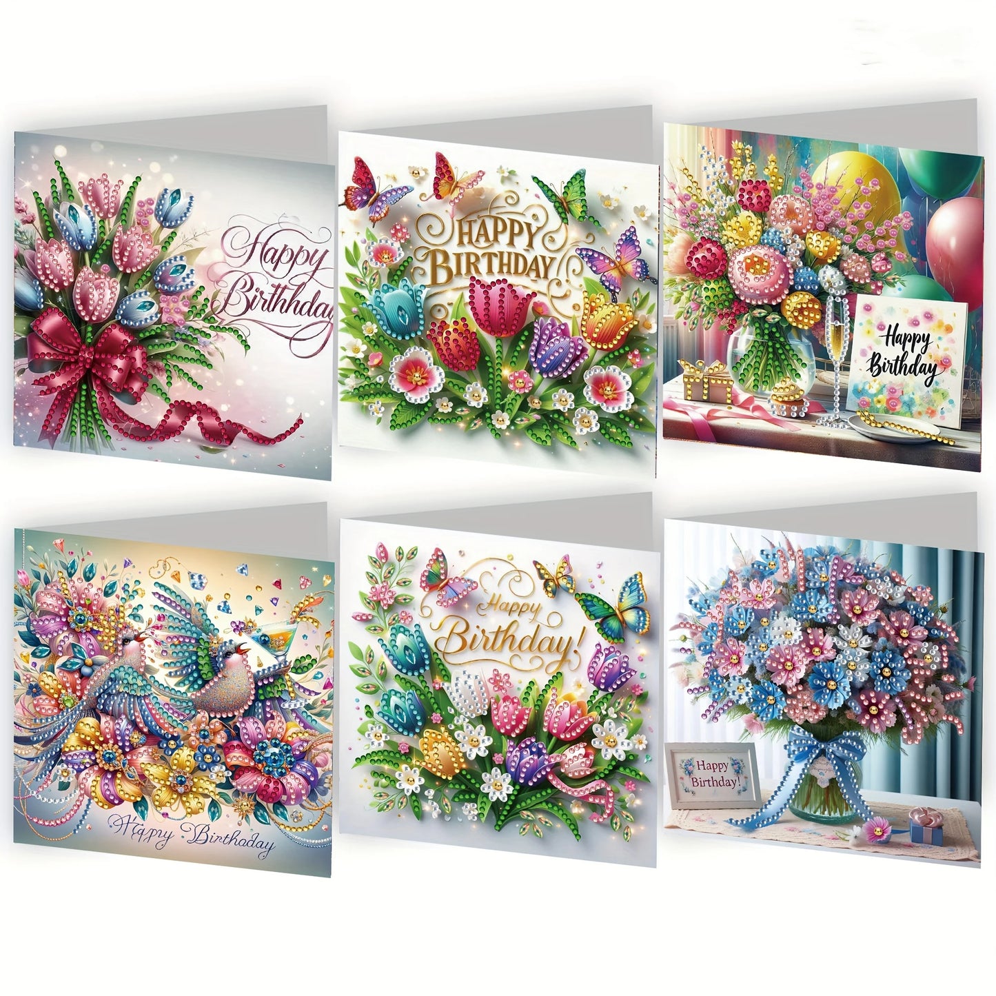 Diamond Painting Verjaardagskaarten set Bloemen en Vogelontwerpen met Strass Steentjes - KK02