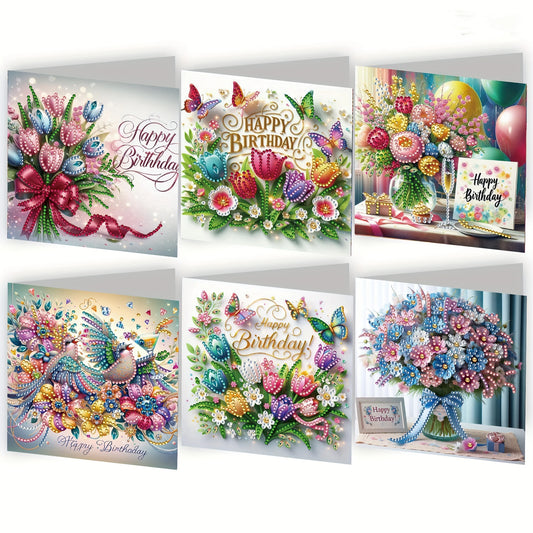 Diamond Painting Verjaardagskaarten set Bloemen en Vogelontwerpen met Strass Steentjes - KK02