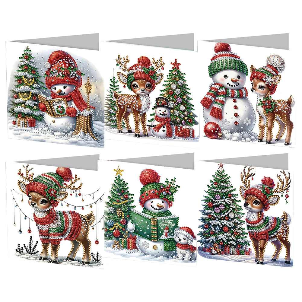 Diamond Painting Kerstkaarten set sneeuwpop kerstboom rendier 6 stuks