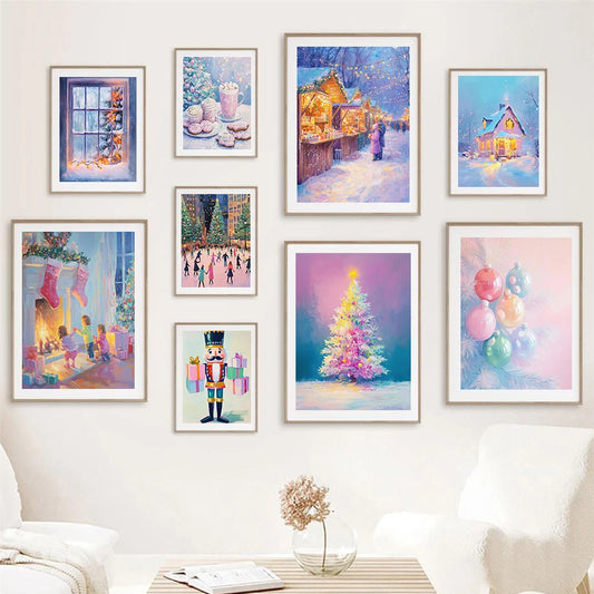 Kerst schilderij sfeervol nachtelijk sneeuwhuis met kerstboom op canvas