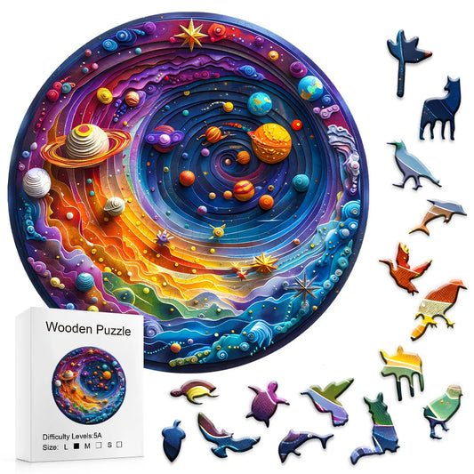 Houten figuren puzzel - Ruimte Planeet | Onregelmatig gevormde puzzelstukjes