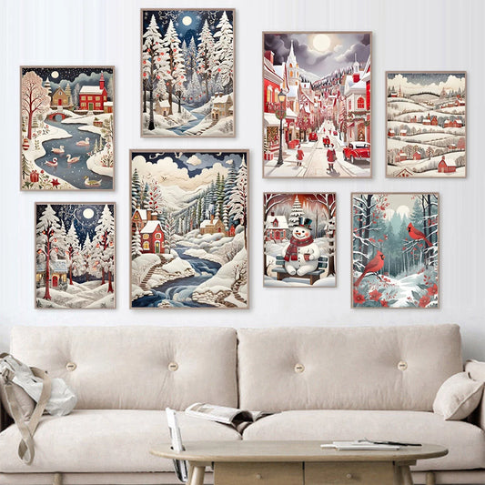 Kerst schilderij winter bos sneeuw decoratie canvas voor sfeervolle wandkunst