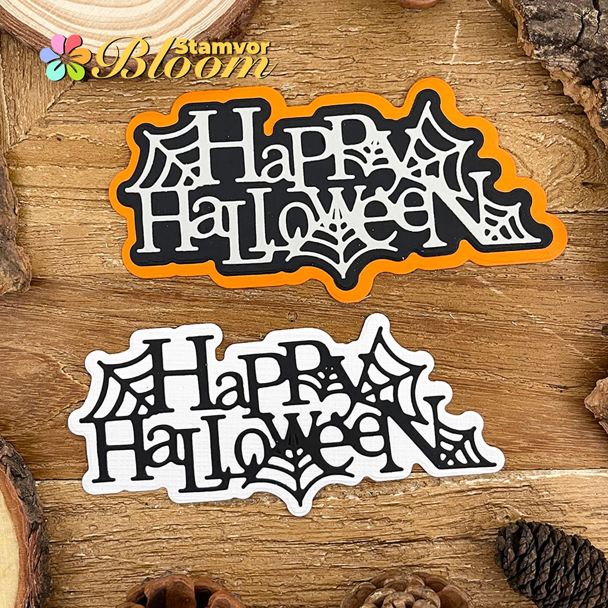 Snijmal Spinnenweb en Happy Halloween Tekst voor Kaarten en Scrapbooking