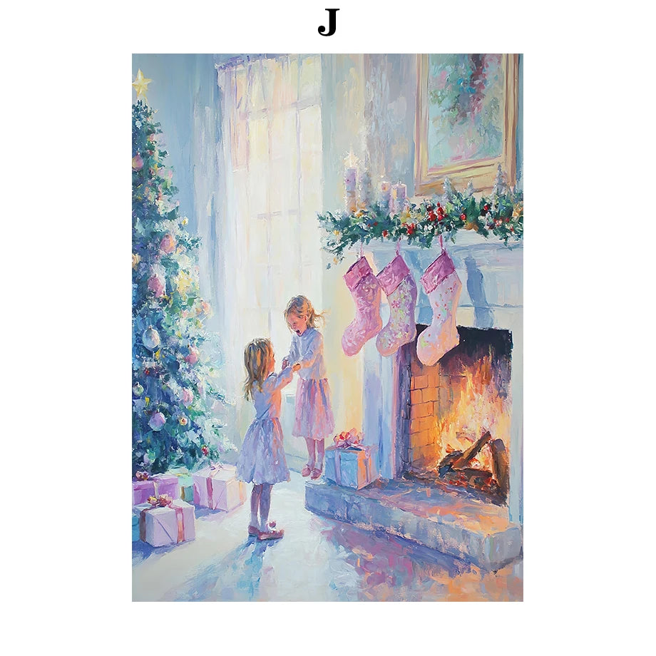 Kerst schilderij sfeervol nachtelijk sneeuwhuis met kerstboom op canvas