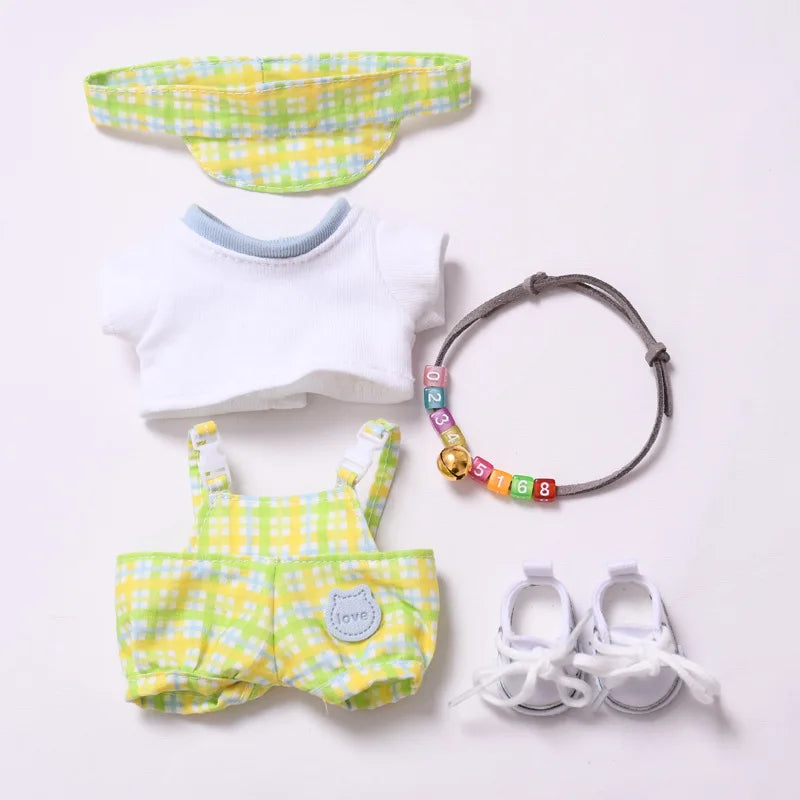 Kleding voor Labubu poppen – Regenboog overall en hoed set 15/17cm