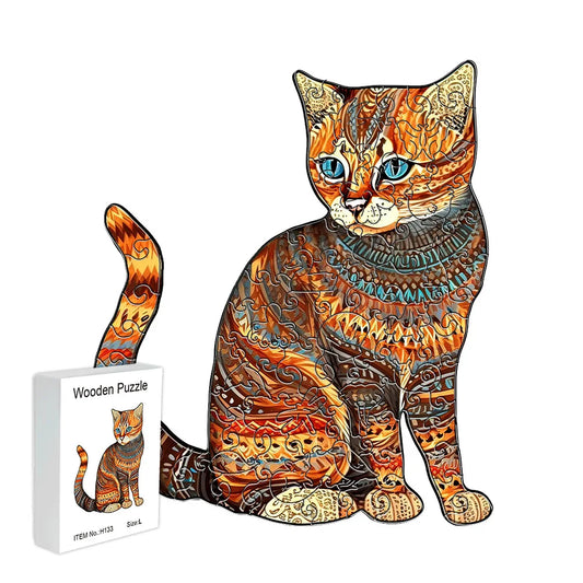 Houten figuren puzzel kat – decoratieve dierenpuzzel cadeau voor volwassenen