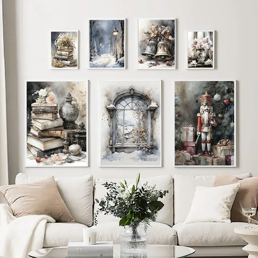 Kerst schilderij vintage aquarel kerstbal en bel wanddecoratie canvas